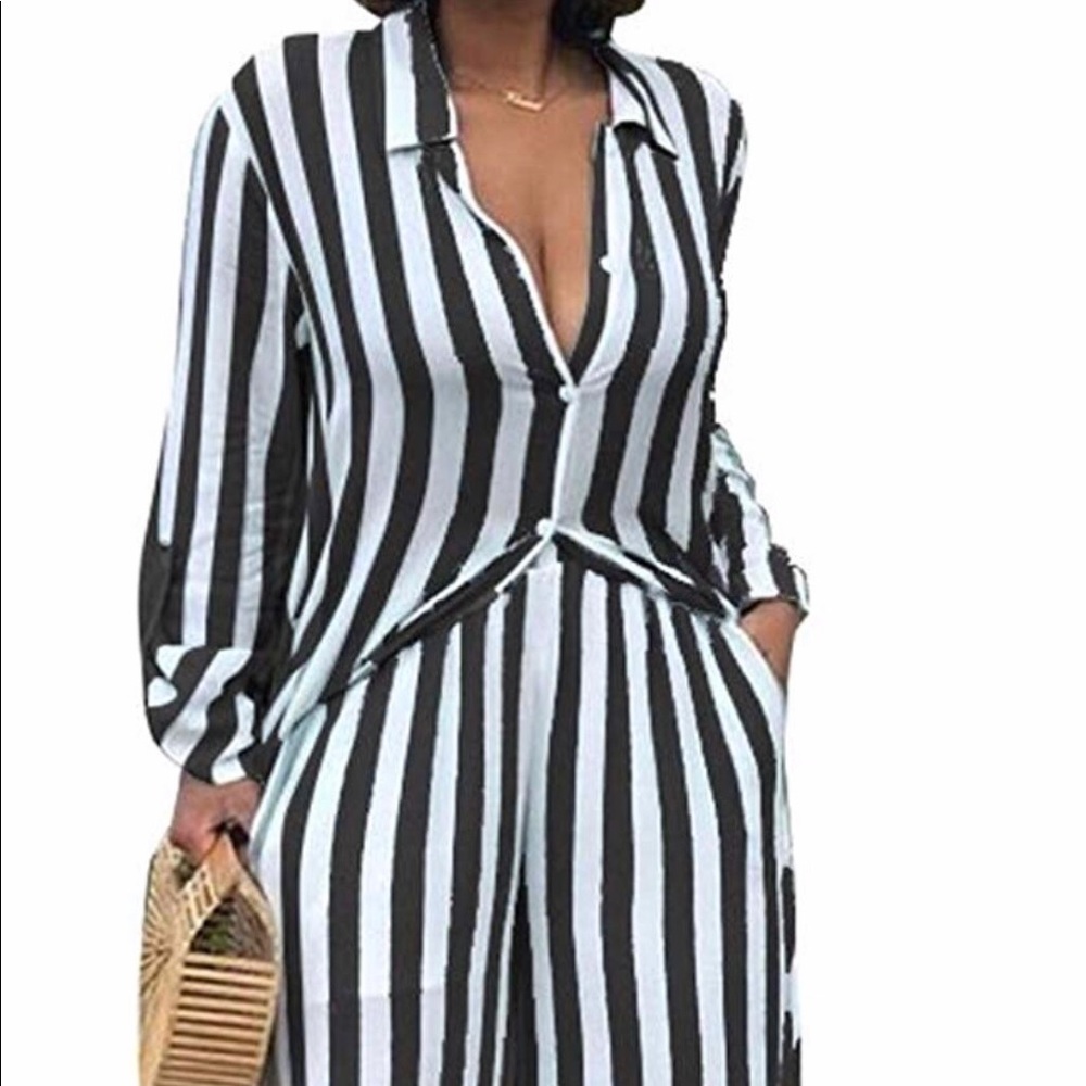 black and white striped cardigan with pants